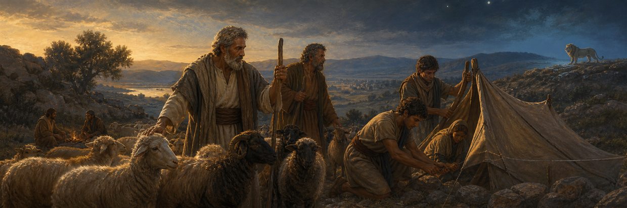 Humble elders tending sheep as community members share burdens and keep watch near dusk